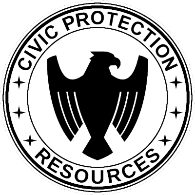 Rundes Logo: Stilisierter schwarzer Adler in Schildform, umschlossen vom Text 'CIVIC PROTECTION RESOURCES'.