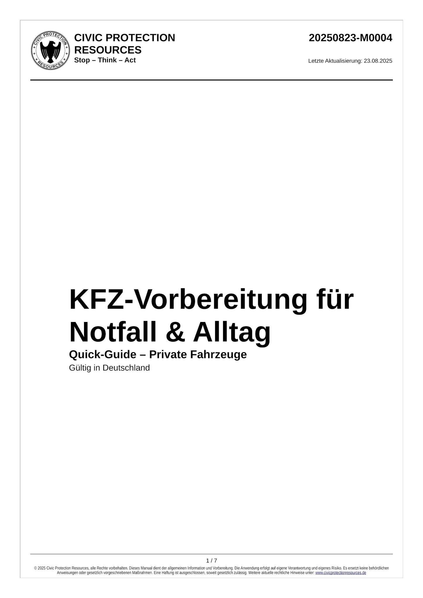 Titelblatt des CPR Quick-Guides: KFZ-Vorbereitung für Notfall & Alltag – Leitfaden für private Fahrzeuge in Deutschland.